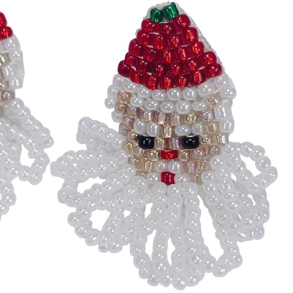 Vintage Beaded Santa Clip On Earrings Christmas Handmade Holiday Jolly Jewelry - Picture 3 of 10